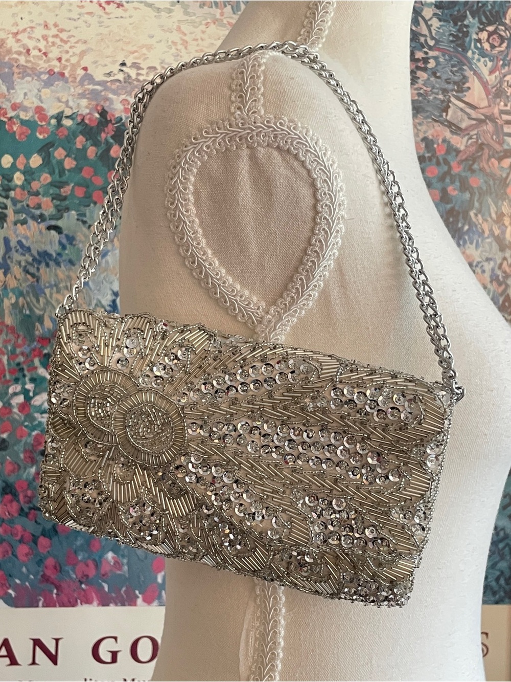 Vintage Shoulder Bag Silver Beaded Sequins Sunburst Chain Strap Evening Bag 80s